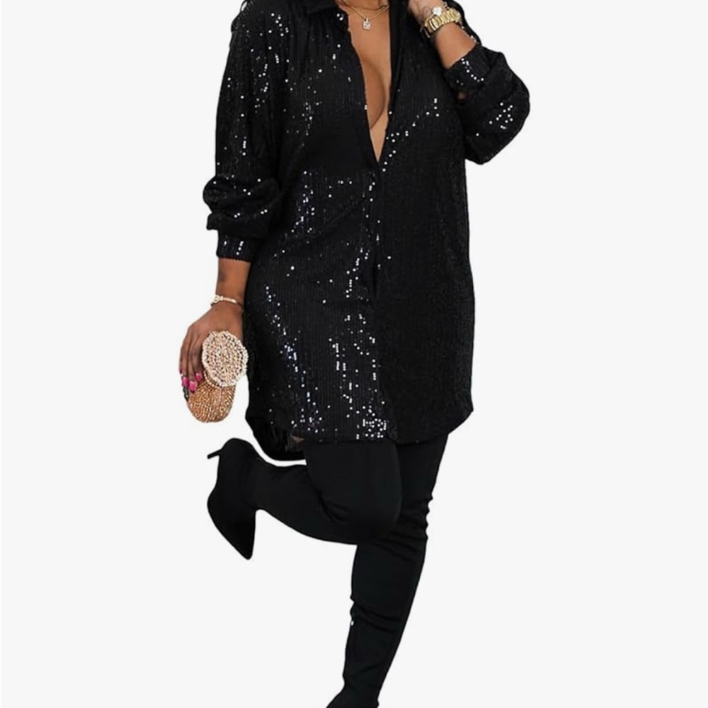 Black Sequin Button-Up Shirt Dress